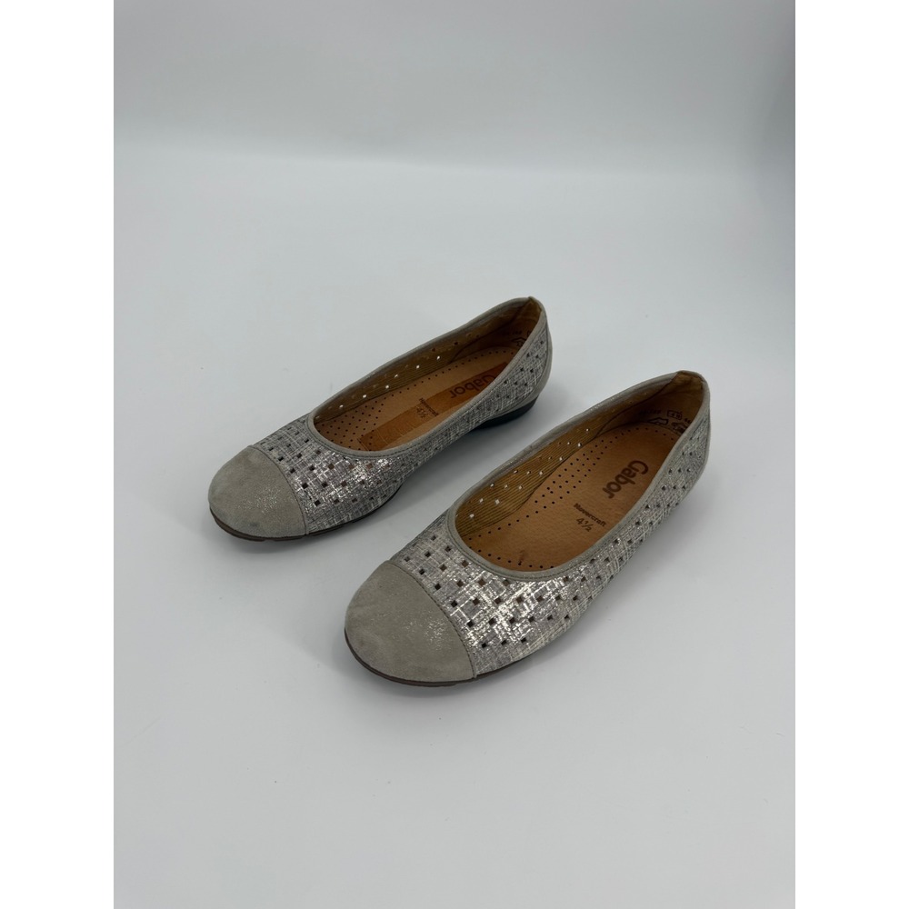 Gabor Hovercraft Silver Grey Metallic Woven Perforated Ballet Flats Size 4.5 UK
